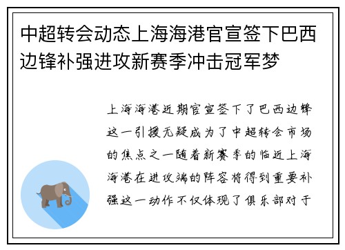 中超转会动态上海海港官宣签下巴西边锋补强进攻新赛季冲击冠军梦
