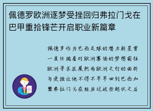 佩德罗欧洲逐梦受挫回归弗拉门戈在巴甲重拾锋芒开启职业新篇章 佩德罗欧洲逐梦受挫回归弗拉门戈在巴甲重拾锋芒开启职业新篇章