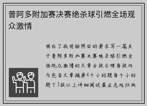 普阿多附加赛决赛绝杀球引燃全场观众激情