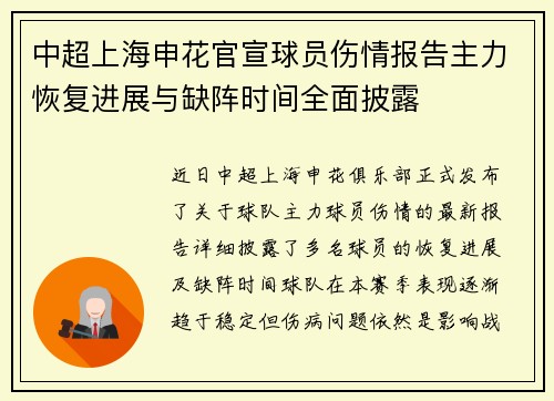 中超上海申花官宣球员伤情报告主力恢复进展与缺阵时间全面披露